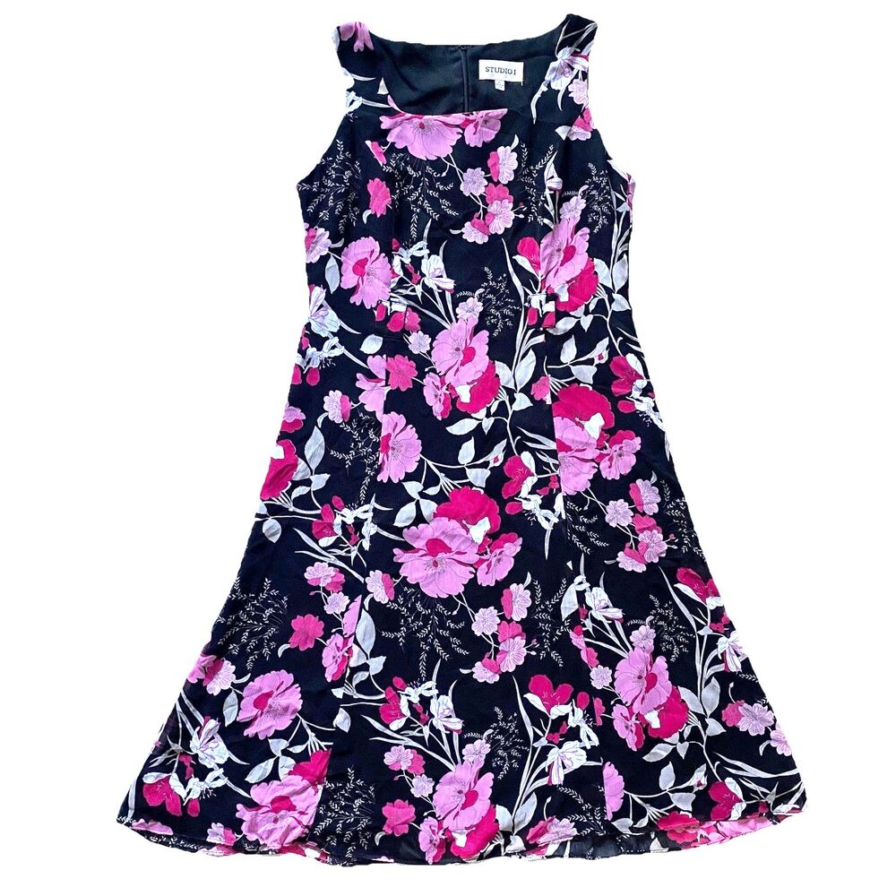 STUDIO I Dress A-Line Midi Sleeveless Square Neck Floral Womens 10 Black Pink